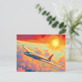 空高く舞う飛行機 - 鮮やかな絵画的スタイルの芸術 ポストカード (スタンド正面)