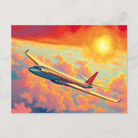空高く舞う飛行機 - 鮮やかな絵画的スタイルの芸術 ポストカード (正面)
