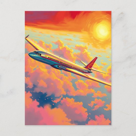 空高く舞う飛行機 - 鮮やかな絵画的スタイルの芸術 ポストカード (正面)