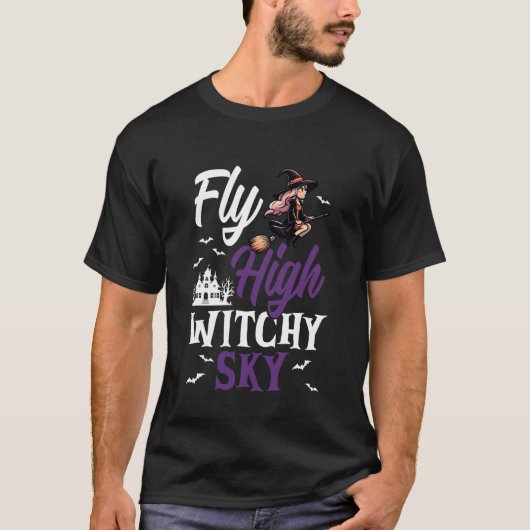 空高く舞う魔法使い 空飛ぶ魔女 かわいい Tシャツ (正面)
