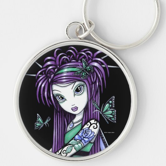 "空"の青のバラの入れ墨の蝶妖精Keychain キーホルダー (正面)