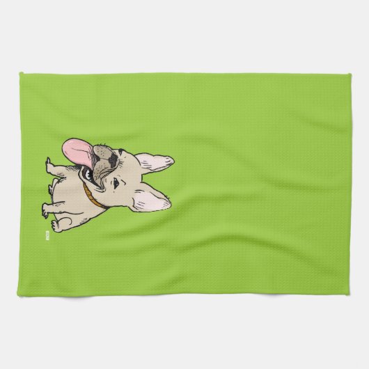 突き出る巨大な舌を搭載するおもしろいなフレンチ・ブルドッグ キッチンタオル (横)