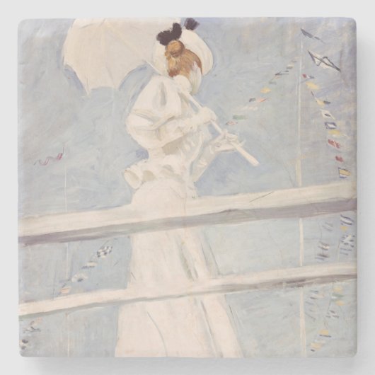 突堤のパラソルを持つ若い女性 ストーンコースター (正面)