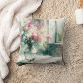 窓からピンクと緑の花束 クッション (ブランケット)