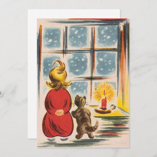 窓から眺めるヴィンテージのクリスマス少年と猫 シーズンカード (正面/裏面)