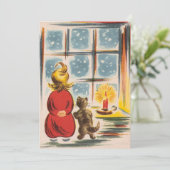 窓から眺めるヴィンテージのクリスマス少年と猫 シーズンカード (スタンド正面)