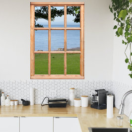 窓から葉の草や海の景色 ポスター