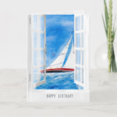 窓から見える公海上の水彩帆船 カード (正面)