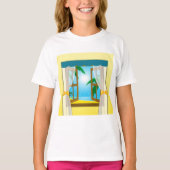 窓から見える太陽の輝くビーチ Tシャツ (正面)