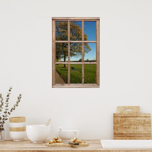 窓から見る秋の公園のフェイク眺め ポスター (キッチン)