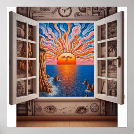 窓から:日没と崖 ポスター