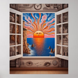 窓から：日没と崖 ポスター