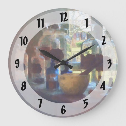 窓による乳鉢、乳棒およびボトル ラージ壁時計 (正面)