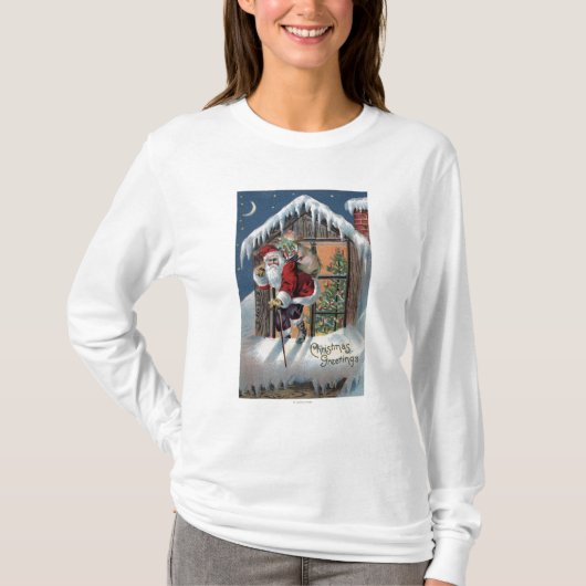窓に上るクリスマスGreetingSanta Tシャツ (正面)