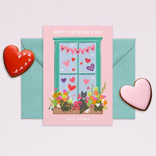 窓に図解入りの、写真付きの猫を入れるバレンタイン教室 招待状