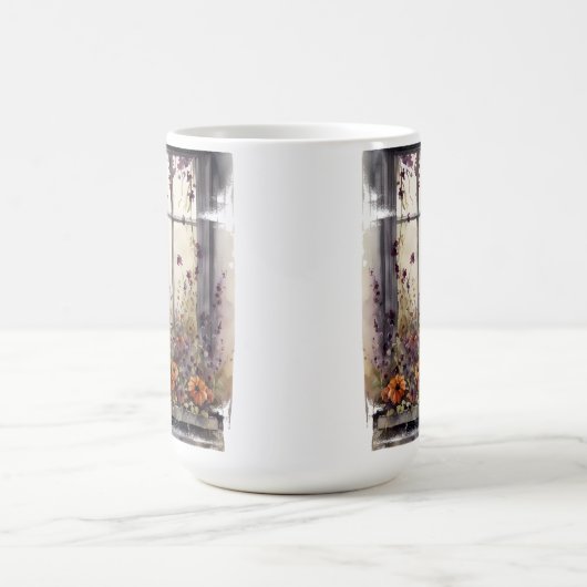 窓に座る美しい水彩黒猫 コーヒーマグカップ (中央)