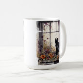 窓に座る美しい水彩黒猫 コーヒーマグカップ (正面右)