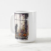 窓に座る美しい水彩黒猫 コーヒーマグカップ (正面左)