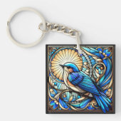 窓に止まっていたエテリアブルーの鳥 キーホルダー (正面)
