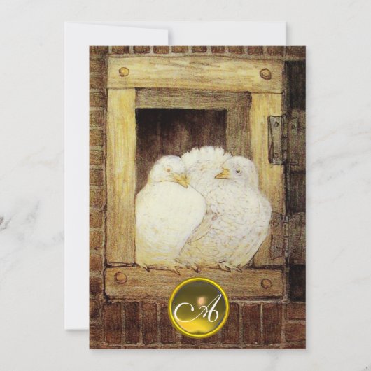 窓に白い鳩、結婚式の宝石のモノグラム、茶色 招待状 (正面)