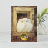 窓に白い鳩、結婚式の宝石のモノグラム、茶色 招待状 (スタンド正面)