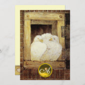 窓に白い鳩、結婚式の宝石のモノグラム、茶色 招待状 (正面/裏面)