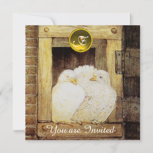 窓に白い鳩　茶色と黄色のウェディングパーティ 招待状 (正面)