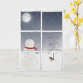窓に金ゴールドのクリスマススターを持つ雪だるま カード (黄色い花)