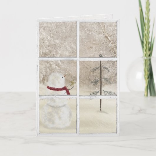 窓に金ゴールドのクリスマススターを持つ雪だるま カード (正面)