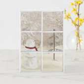 窓に金ゴールドのクリスマススターを持つ雪だるま カード (黄色い花)