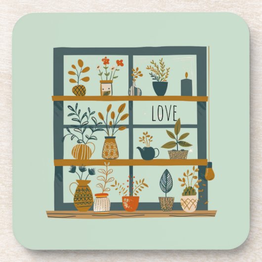 窓に鉢植え可愛い愛 コースター (正面)