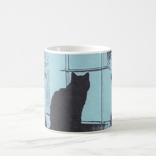 窓に黒猫の青いマグカップ コーヒーマグカップ (中央)