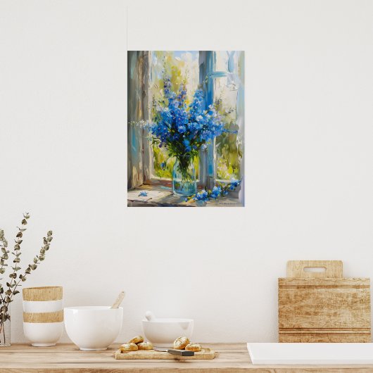 窓のそばの花瓶の青いデルフィニウムA. I. Art ポスター (キッチン)