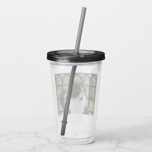 窓のオリジナル動物絵画アートに登場するタキシード猫 アクリルタンブラー (裏面)