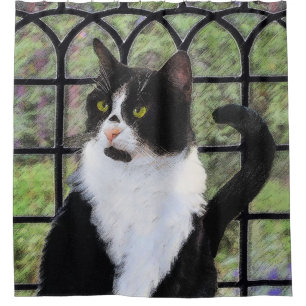 窓のオリジナル動物絵画アートに登場するタキシード猫 シャワーカーテン