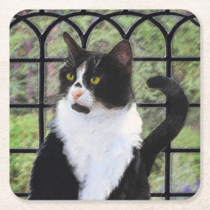 窓のオリジナル動物絵画アートに登場するタキシード猫 スクエアペーパーコースター