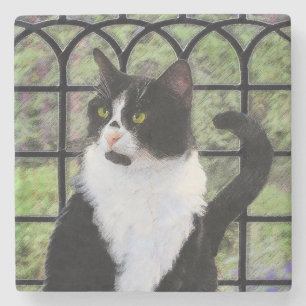 窓のオリジナル動物絵画アートに登場するタキシード猫 ストーンコースター