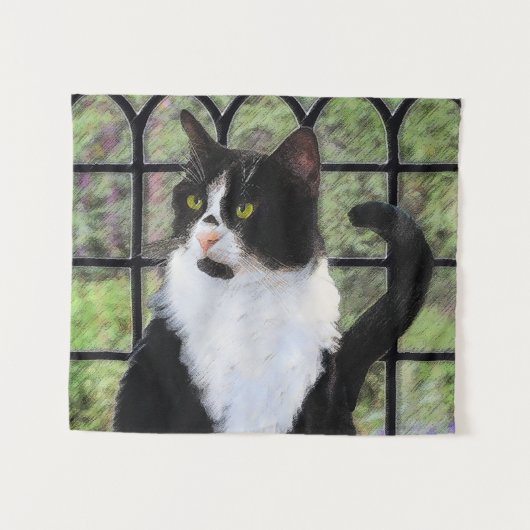 窓のオリジナル動物絵画アートに登場するタキシード猫 タペストリー (正面(横))