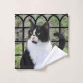 窓のオリジナル動物絵画アートに登場するタキシード猫 バスタオルセット (ウォッシュタオル)