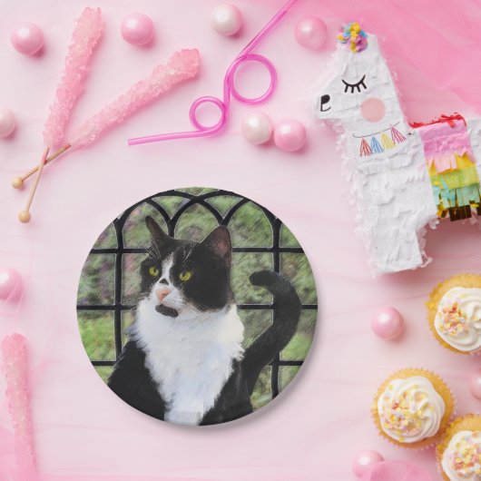 窓のオリジナル動物絵画アートに登場するタキシード猫 ペーパープレート (パーティー)