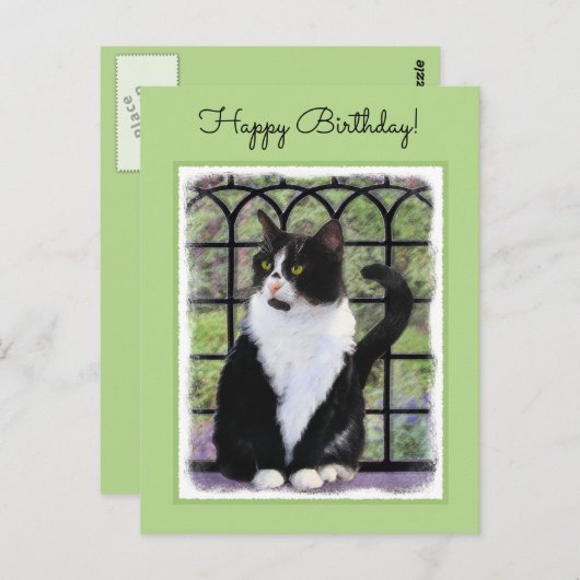 窓のオリジナル動物絵画アートに登場するタキシード猫 ポストカード (正面/裏面)