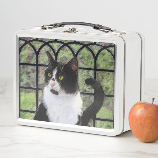 窓のオリジナル動物絵画アートに登場するタキシード猫 メタルランチボックス (インサイチュ)