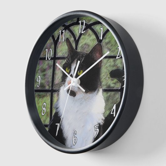 窓のオリジナル動物絵画アートに登場するタキシード猫 壁時計 (傾斜)