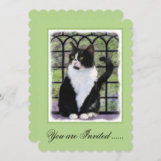 窓のオリジナル動物絵画アートに登場するタキシード猫 招待状 (正面/裏面)