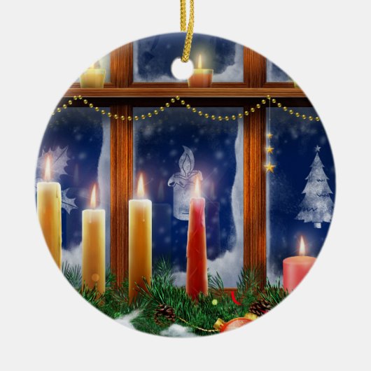 窓のクリスマスのオーナメントの蝋燭 セラミックオーナメント (正面)
