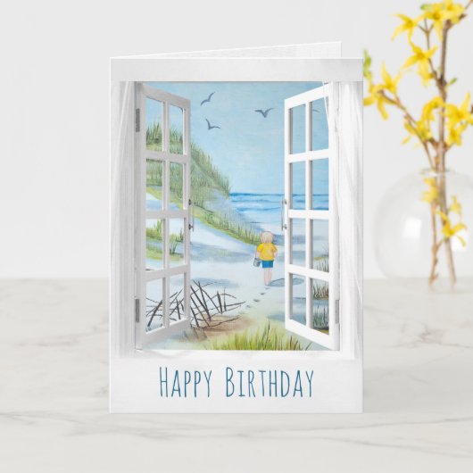 窓のシーショアシーン誕生日 カード (黄色い花)