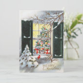 窓のヴィンテージのクリスマスキャット シーズンカード (スタンド正面)