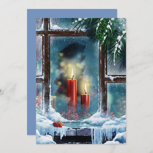 窓のヴィンテージのクリスマスキャンドル シーズンカード (正面/裏面)