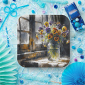 窓の印象派のパンジーの花束 ペーパープレート (パーティー)