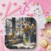 窓の印象派のパンジーの花束 ペーパープレート (パーティー)